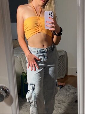 Zara Peach Ribbed Ruched Halter Top
